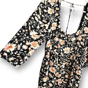 American Eagle Floral Dress U-Neck M Black Tassel Tie Lined